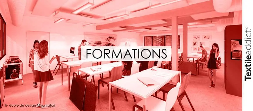 Étudiants en formation textile travaillant sur des motifs innovants dans un atelier créatif, utilisant des outils comme Illustrator et Photoshop pour concevoir des collections durables. Découvrez les diplômes et écoles pour devenir designer textile, styliste modéliste ou artisan textile.