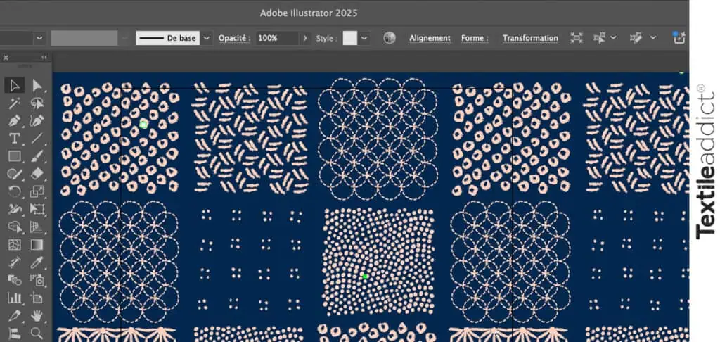 Illustration d’un motif textile all-over géométrique, créé avec Adobe Illustrator, idéal pour l’habillement ou la décoration. Ce design répétitif aux formes modernes illustre les techniques de mise au rapport pour un rendu harmonieux sur tissu.