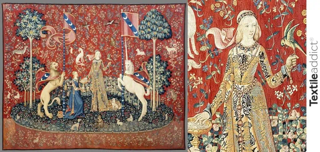 Tapisserie murale médiévale nommée La Dame à la Licorne avec motifs narratifs