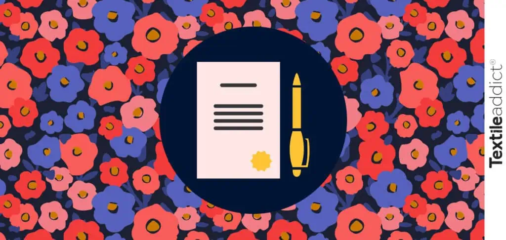 Illustration d’un contrat de cession de droits entouré de motifs textiles colorés, symbolisant la protection juridique des créations dans l’industrie de la mode et de la décoration