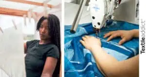 artiste textile en train de coudre des tissus