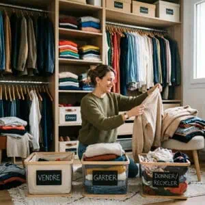 Image d'une femme qui fait du tri de vêtements dans son dressing