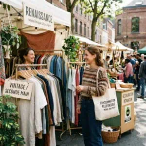 Image d'un stand de vêtements de seconde main avec deux femmes