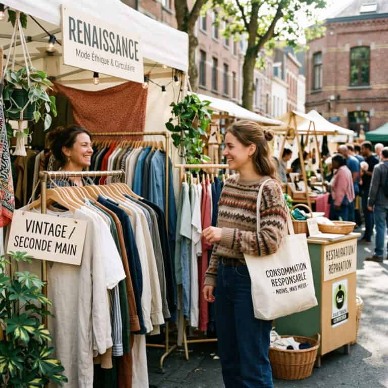 Image d'un stand de vêtements de seconde main avec deux femmes