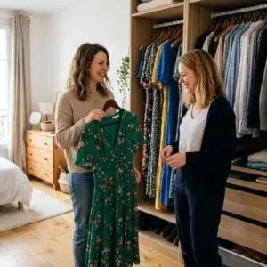 Image de deux femmes qui échangent pour la location d'une robe