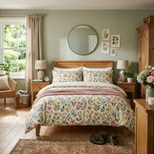 Image d'une chambre avec du linge de lit dans un motif textile floral