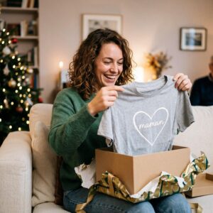 Image d'une femme qui découvre un tshirt personnalisé en cadeau