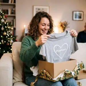 Image d'une femme qui découvre un tshirt personnalisé en cadeau