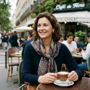 Image d'une femme portant un foulard en soie à motif jacquard